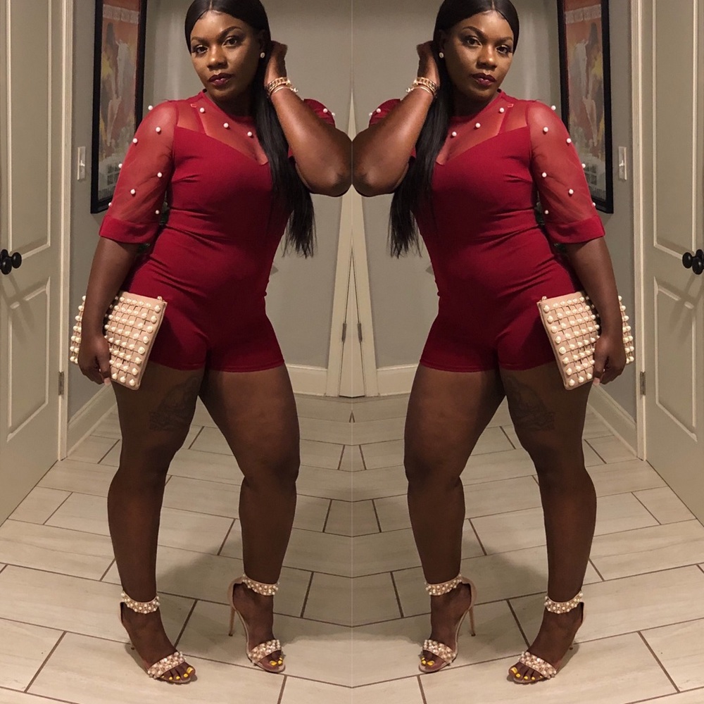 ✨✨JUST IN✨✨Burgundy Pearl Embellished Mesh Romper